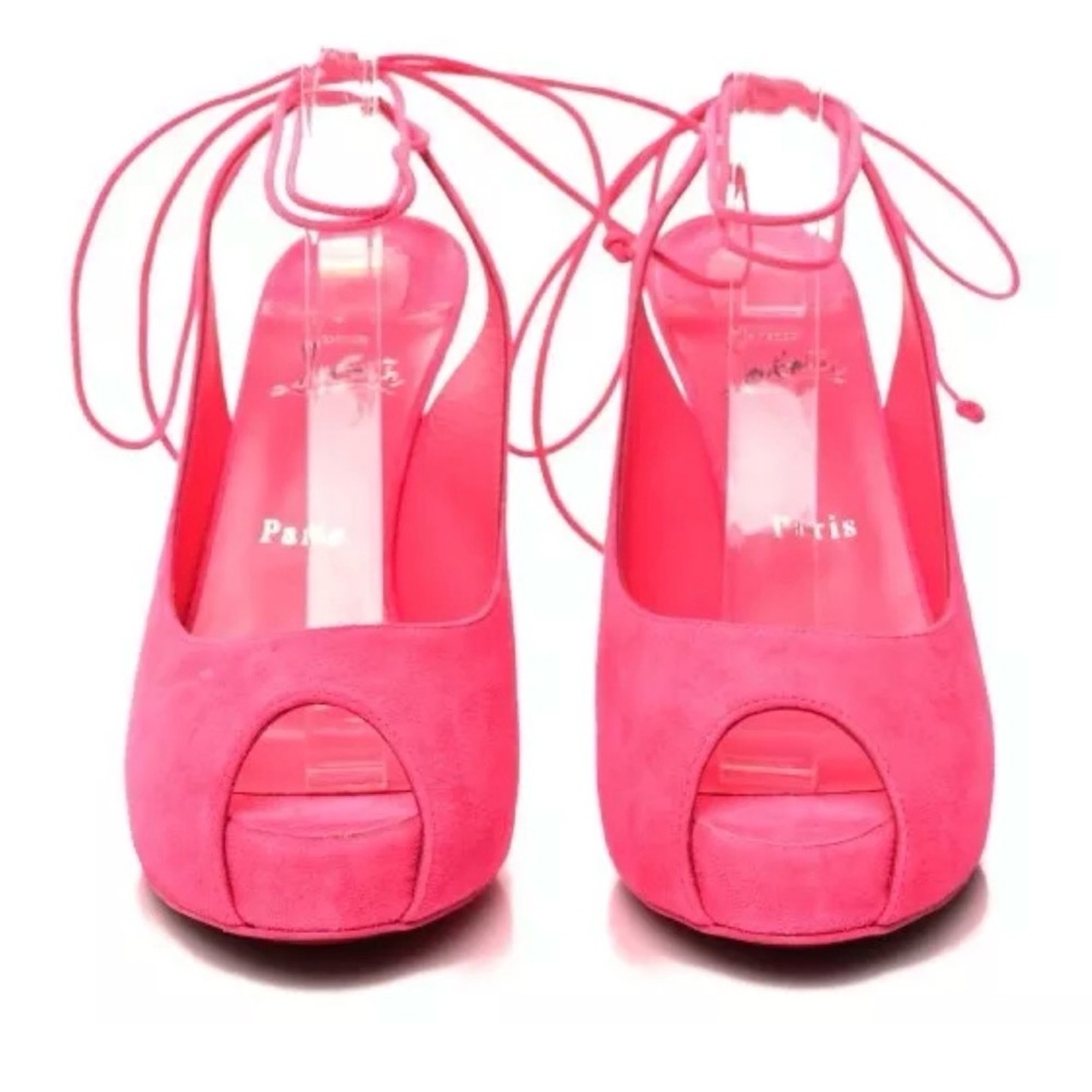 NWT CHRISTIAN LOUBOUTIN Pink Lace Up NVP Suede Peep-toe Sandal EU 39.5 US 8.5 - Picture 4 of 9